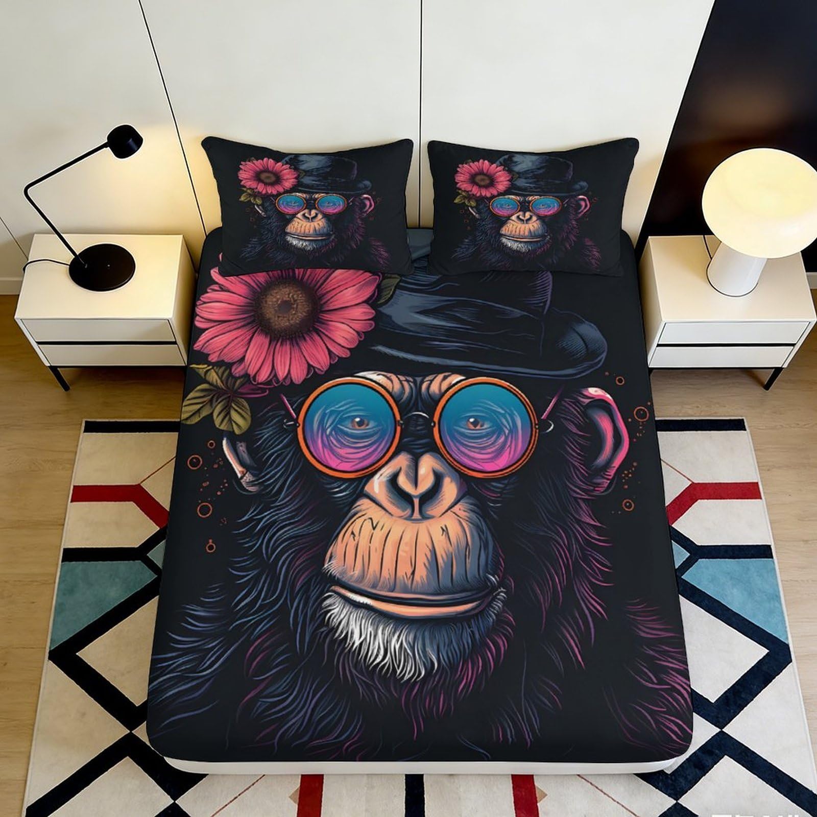 Jqzkxnhpbr Style-2 3D Printed Funky Monkey Fitted Sheet Microfiber Soft Colorful Sunglasses Bed Cover For Bedroom Dorm Easy Care 90X200x25cm
