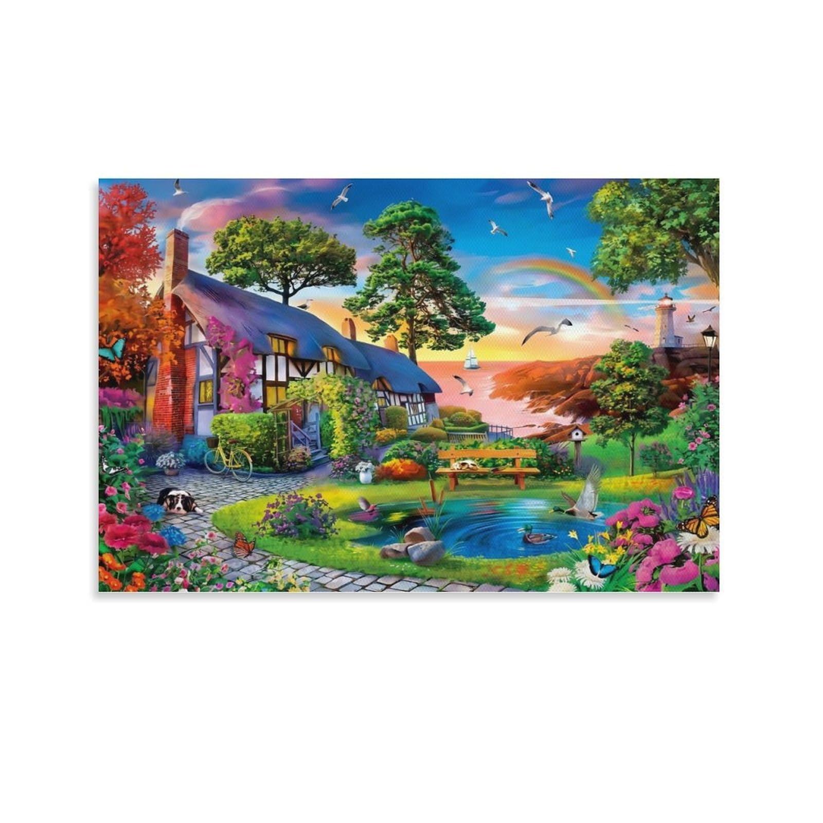 CPLVKWRQJ Cozy Cottage Garden Single Piece Fairy Cottage Garden Pond Rainbow Canvas Art - Kitchen Canvas Wall Decor Removable Multi-Purpose Ready to Hang 24x36inch(60x90cm)