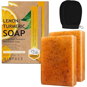 Lemon soap, turmeric soap, add multiple plant extracts to care for skin, body cleaning, bathing, hand cleaning, hand soap, 4.2 oz 108 g, set of 2, with exclusive gloves