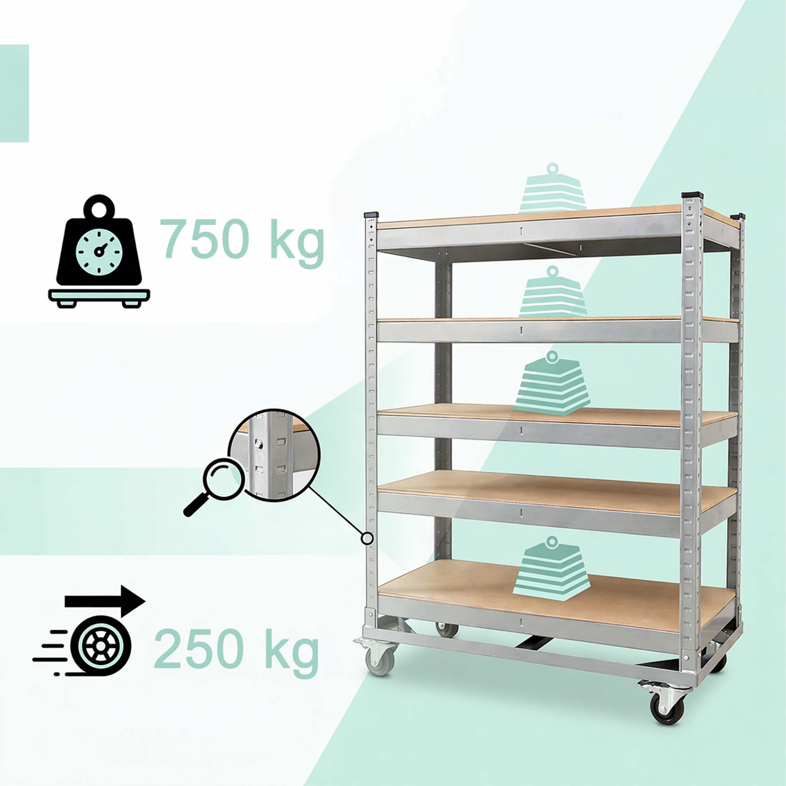 Relaxdays Carro de 5 Niveles, Ruedas con Freno, hasta 750 kg, HBT: 110x90x45 cm, Carro de Taller móvil, Acero, Plateado