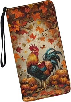 Autumn Leaves Chicken Wristlet Wallet for Womens Soft Leather Zipper Long Purse RFID Blocking Card Holder Clutch Organizer