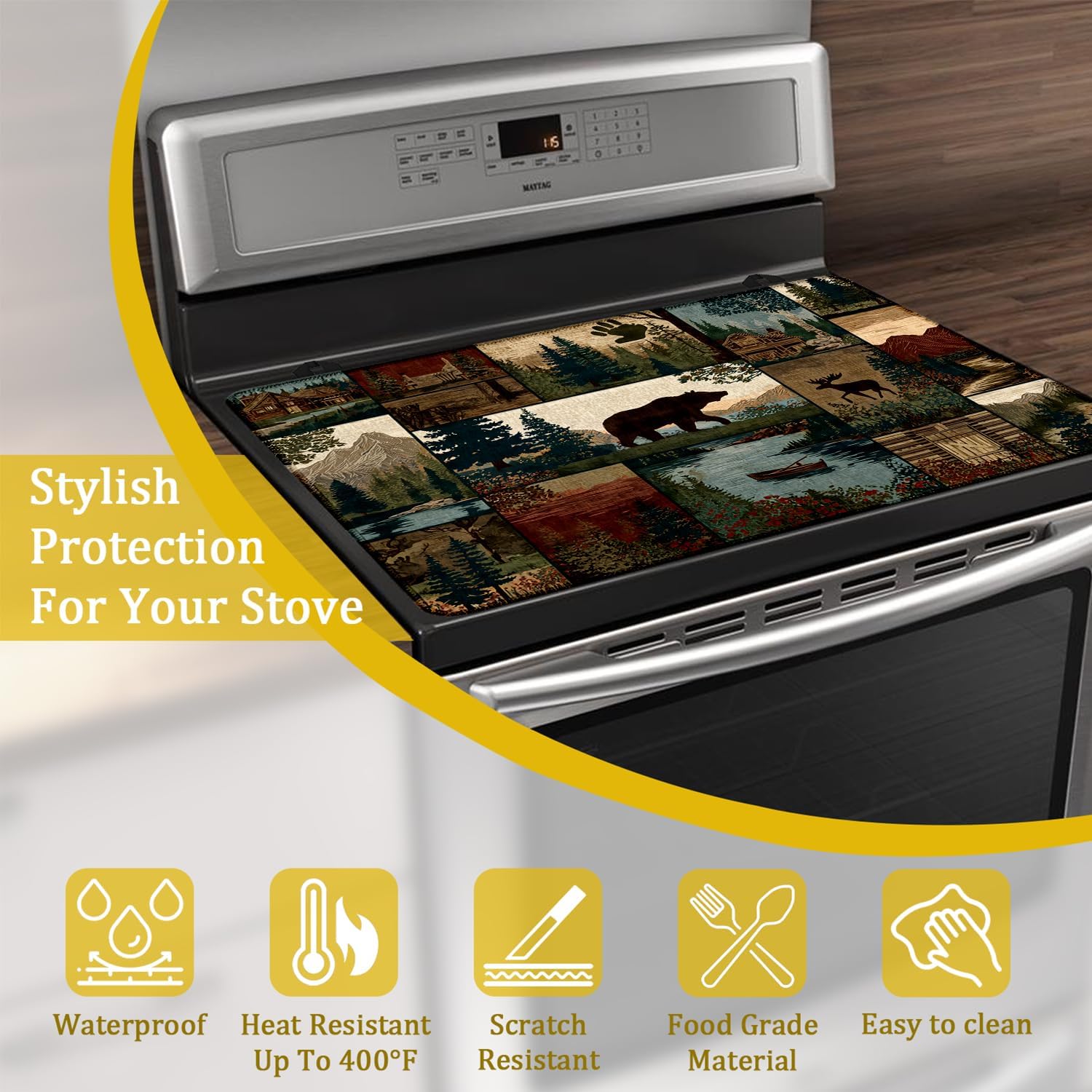 Rustic Bear Deer Electric Stove Top Cover Protector,Glass Top Gas Stove Pad Heat Resistant Range Cooktop Mat for Kitchen 28"x20"