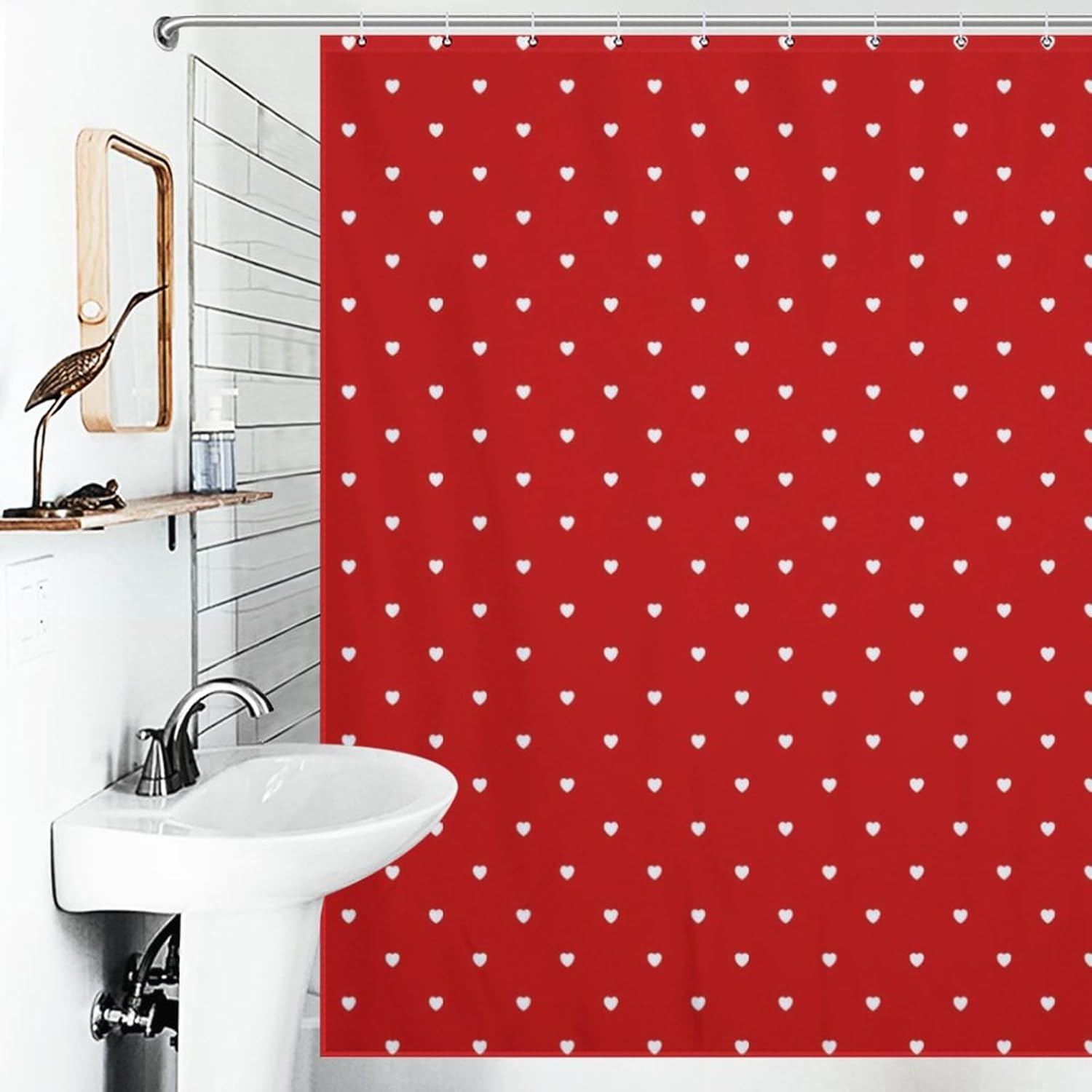Shower Curtain Liner Set， Cute Valentine's Day Red Hearts Waterproof Fabric Curtains for Bathroom Bathtub Decor, 72 X 72inch