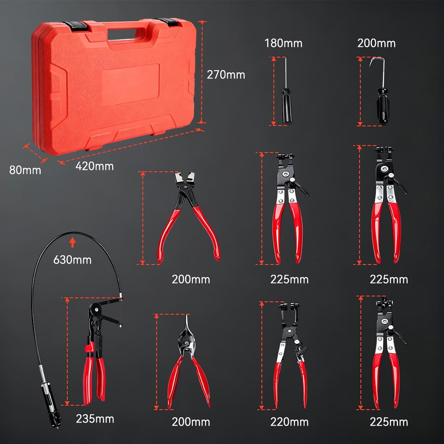 BARTOO 9pcs Hose Clamp Pliers Set, Hose Clamp Removal Tool for Automotive, Flexible Wire Long Reach Swivel Jaw Pliers for Fuel Oil Coolant Radiator Heater and Water Hose