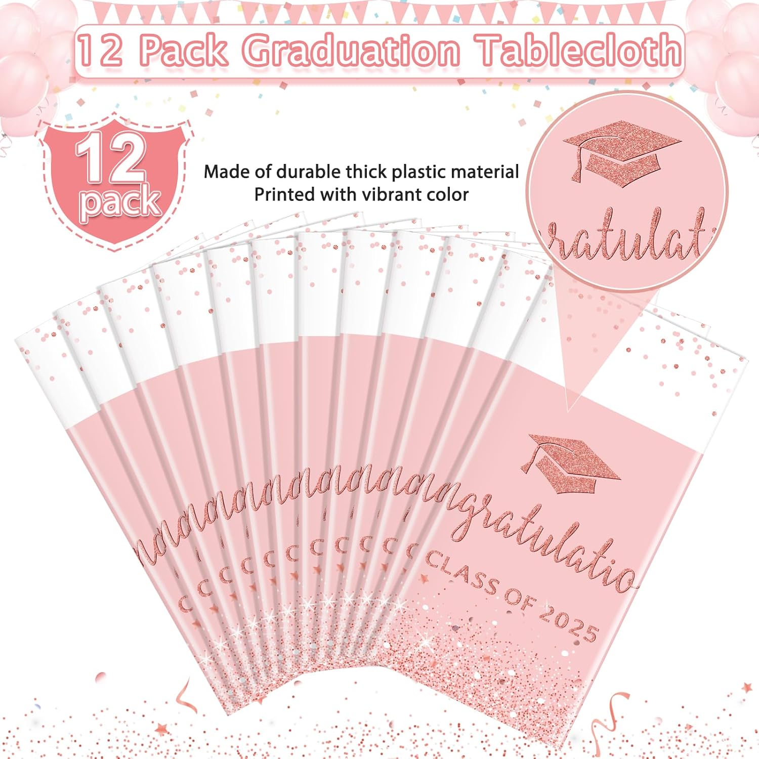 MASHAN 12Pack Class of 2026 Graduation Tablecloths,Foil Dot Plastic Disposable Rectangle Table Covers for 2026 High School University College Graduation Party Decorations,108 * 54 Inch (Pink)