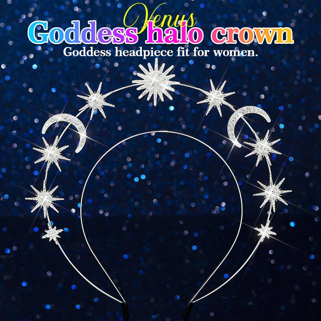 Fashey Stars Halo Crown Gold Moon Headpiece Rhinestone Star Halo Crown Goddess Headbands Hair Accessories for Women (Silver)