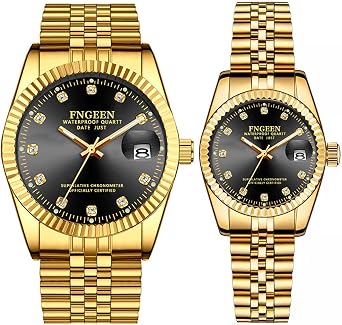 JewelryWe Luxury Couple Watches Gold-Silver Tone Stainless Steel Quartz Calendar Wristwatch Rhinestone His and Her Watch Set, for Anniversary, Wedding for Fathers Day