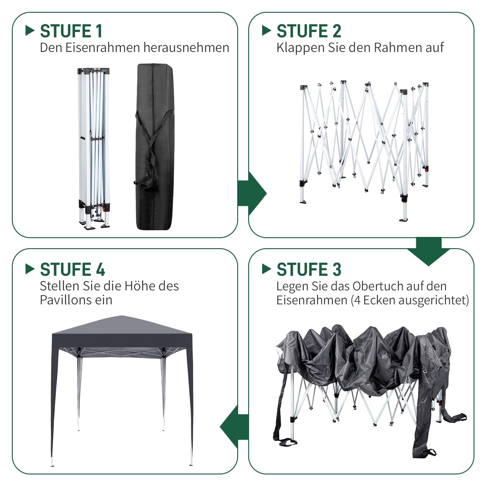 Pavillon 2x2 m,Faltpavillon,Wasserdicht Stabil Winterfest UV Schutz 50+,420D Oxford,Faltbar Höhenverstellbar,Partyzelt,Gartenzelt,Für Garten Camping,Outdoor,Grau,4 Seitenteilen