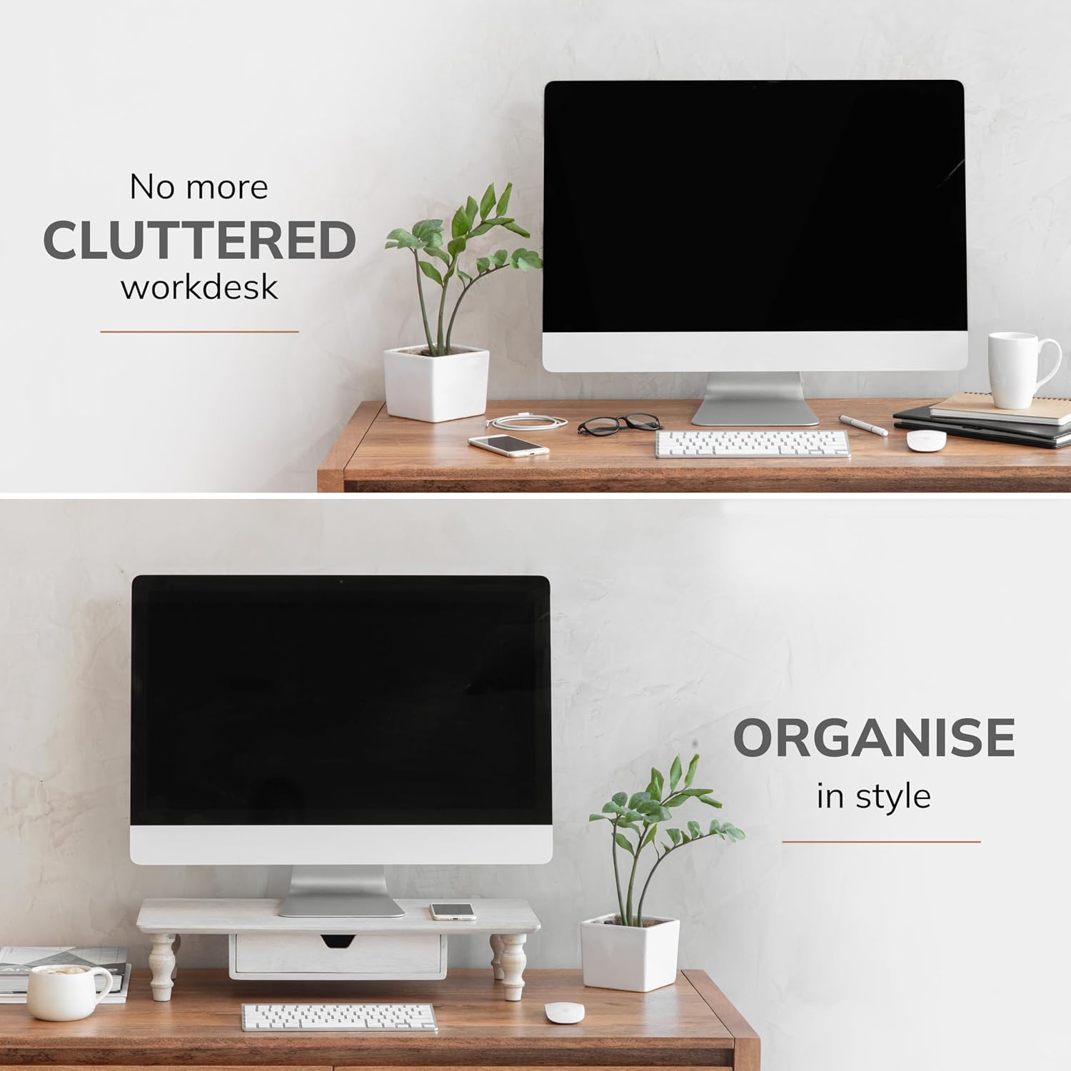Anji Mountain Monitor Stand - Desktop Organizer & Laptop Riser, Ergonomic Monitor Riser, Space-Saving Monitor Stand for Desk, Durable Construction, Easy Assembly, Ideal for Home & Office,White Wash