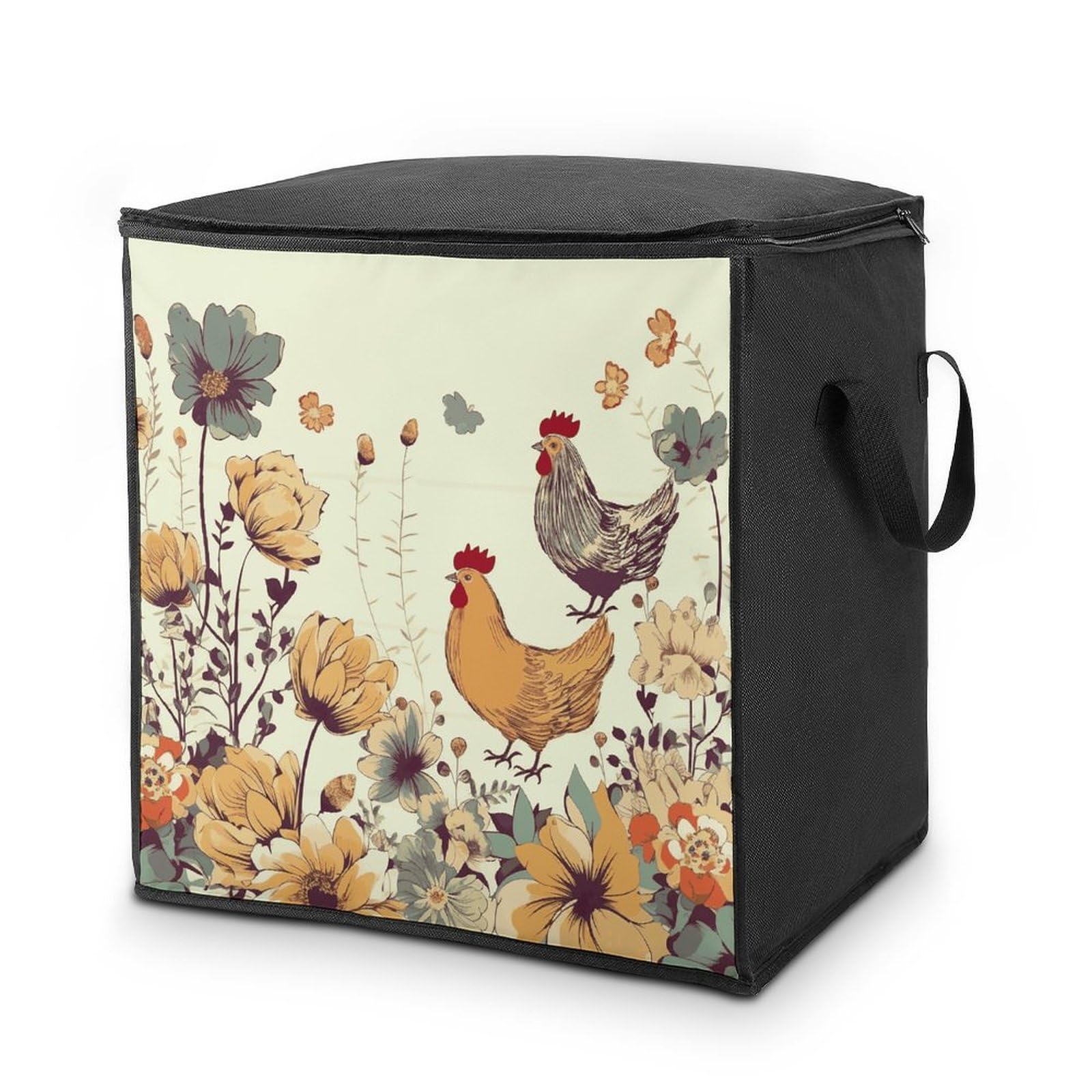 Grand sac de rangement avec poignées robustes au motif poule raffiné pour linge de maison