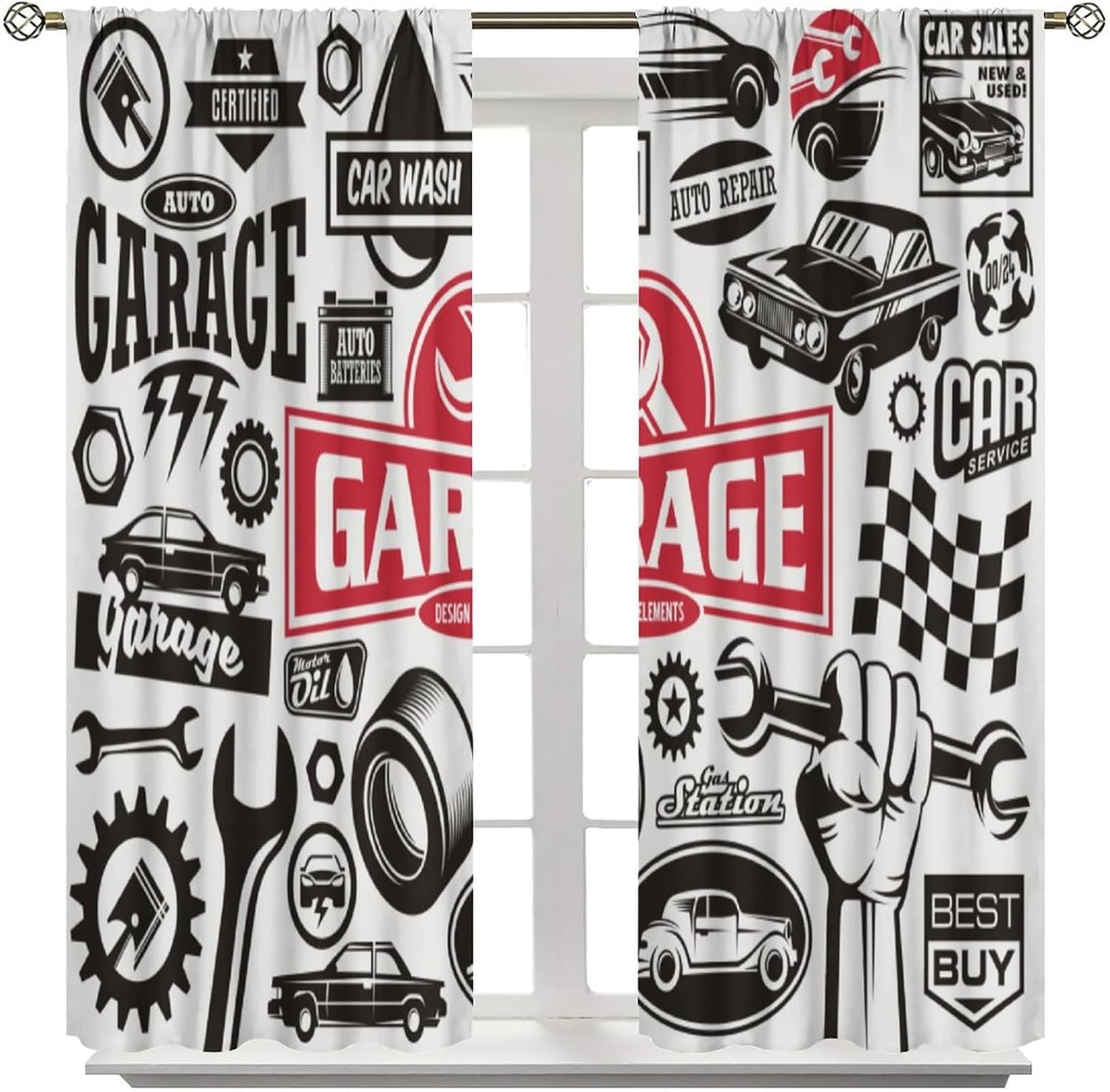 Garage Blackout Curtains,Retro Vintage Man Cave Repair Garage Tools Shed Workshop Car Pattern Drapes Window 2 Panel Rod Pocket Curtain for Bedroom Living Room Decor 21" W X 45" L