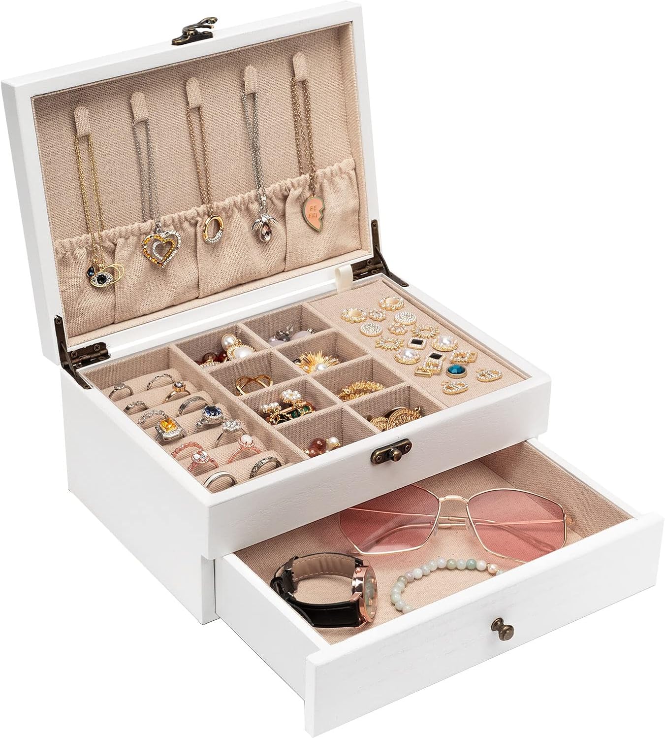 Pinzoveco Jewelry Box for Women, Rustic Wooden Jewelry Organizer Box for Storage Earrings Rings Necklace Bracelet, Farmhouse Style Wood Jewelry Boxes & Organizers (White)