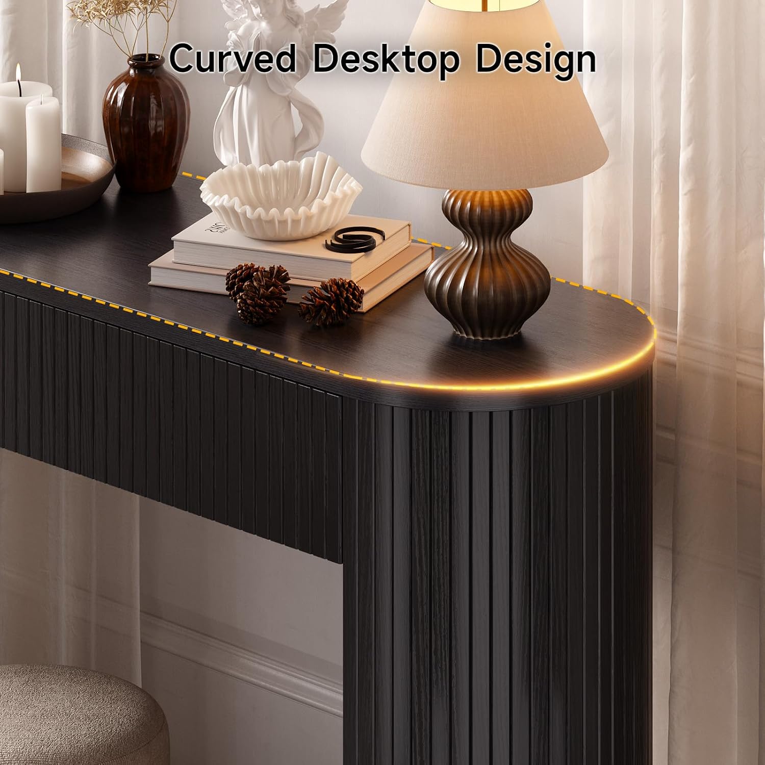 55 Inch Console Table with 2 Drawers, Fluted Entryway Tables with Storage, Sofa Table Behind The Couch, Hallway Tables, Mid-Century Modern Foyer Table for Entryway, Hallway, Living Room, Black