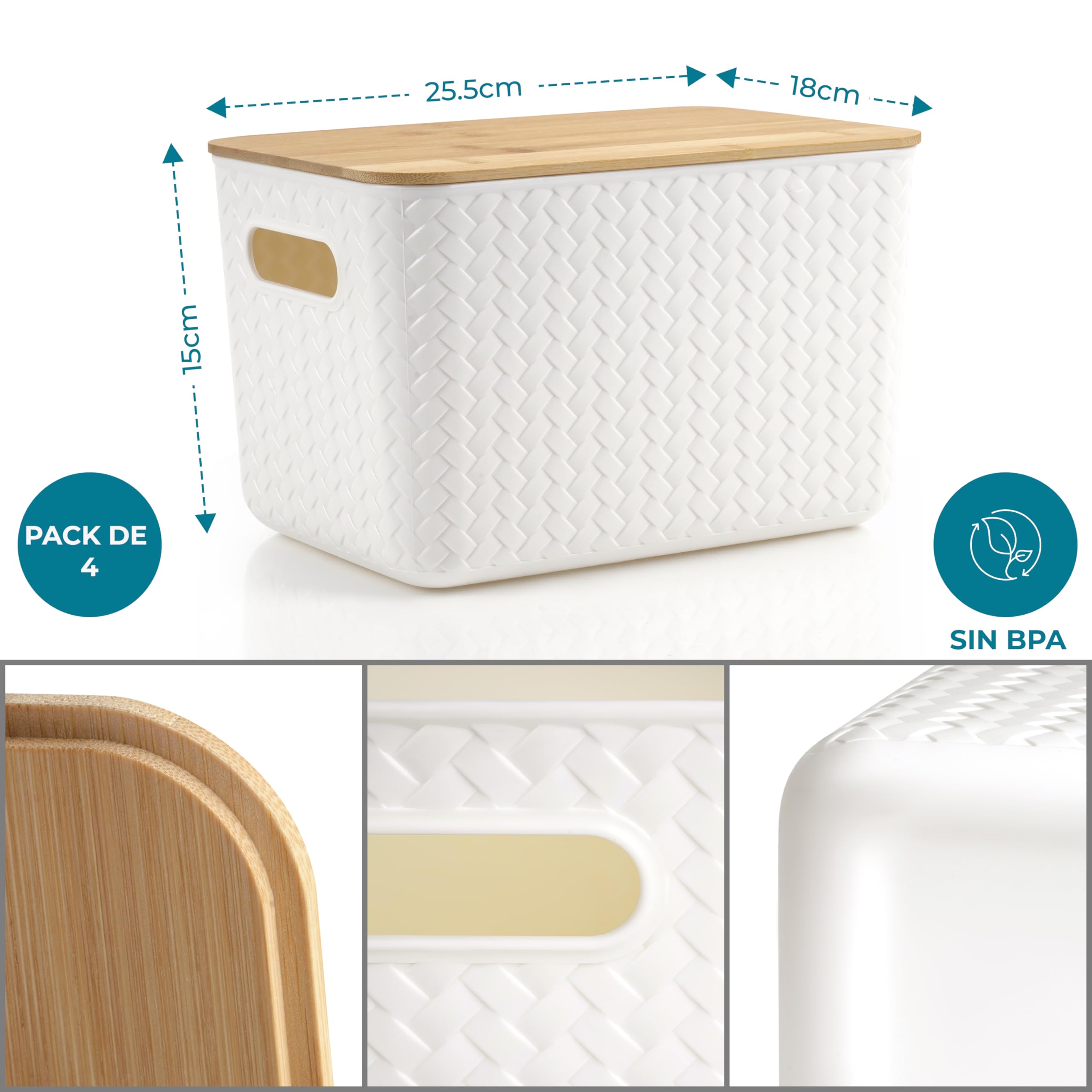 Winter Shore Caja Almacenaje Grande con Tapa de Bambú (Pack de 4) - Cestas Almacenaje de Plástico - Caja Organizadora Decorativa para Escritorio y Oficina - Cajas Apilables de Alta Carga con Tapa