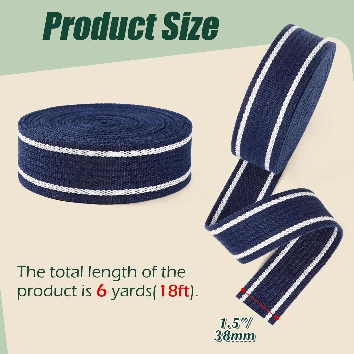 Webbing 1.5 Inch for Bag Strapes, 6 Yards Navy Blue and White Stripes Pattern Polycotton Webbing 1 1/2 Inch for Making Backpack Purse Belt Straps
