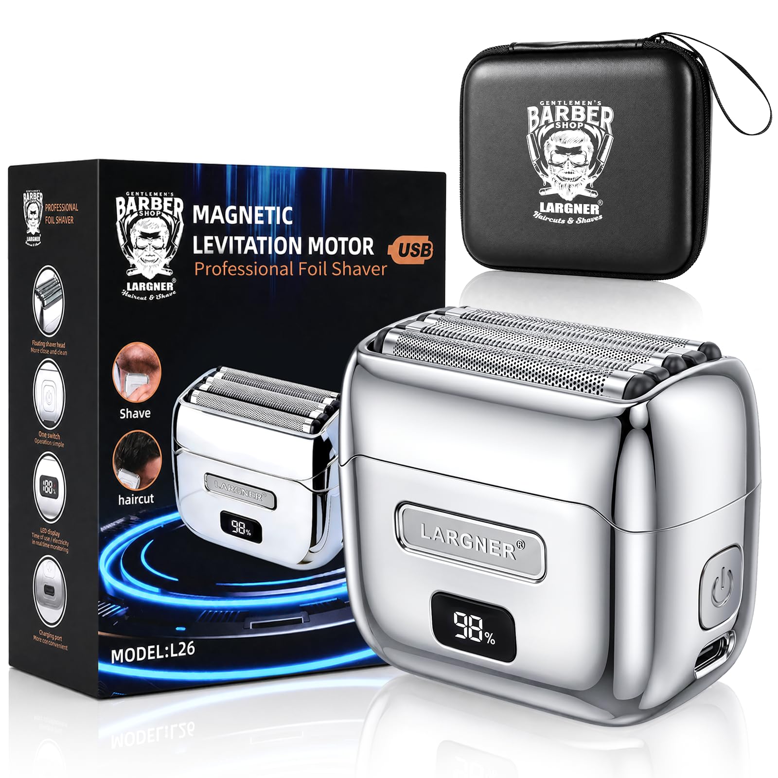 Rasoio elettrico in lamina metallica da uomo, 5 lame galleggianti, motore a levitazione magnetica da 14000 giri/min, impermeabile IPX7, mini rasoio Wet & Dry, ricaricabile USB-C, rasoio silenzioso con