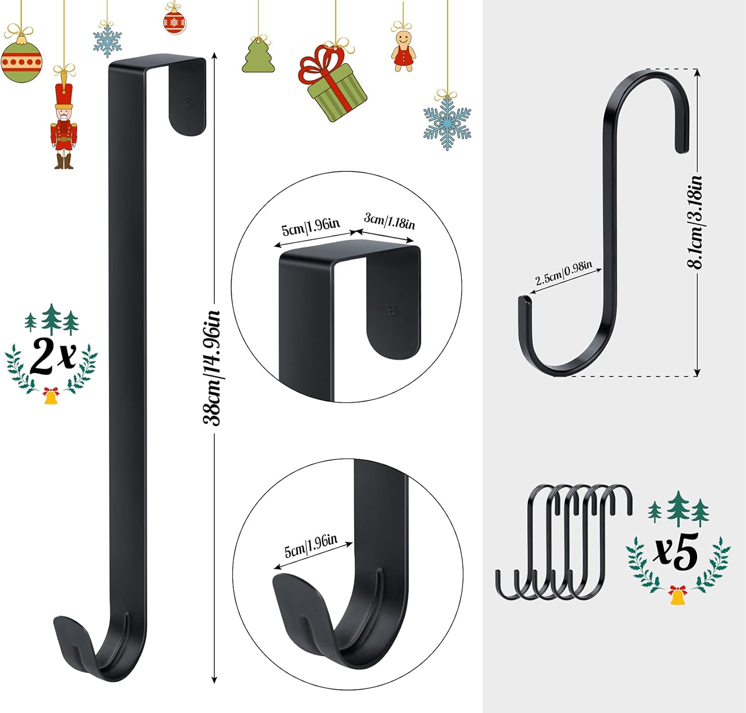 Christmas Over Door Hook Wreath Hanger for Front Door, 7Piece Set 15Inch/38CM Metal Xmas Wreath