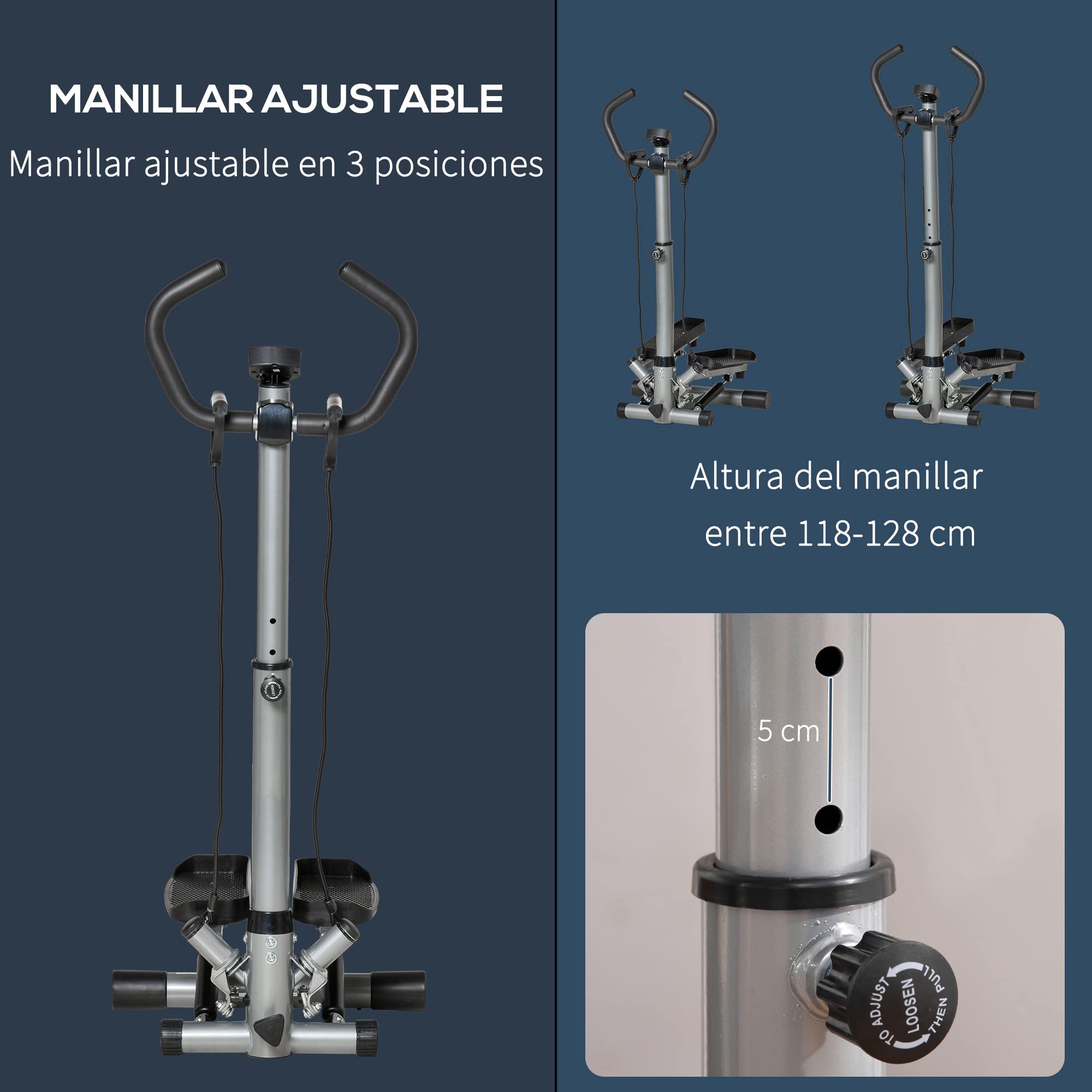 HOMCOM Stepper con Manubrio Regolabile, Impugnature Antiscivolo ed Elastici, Step Fitness con Monitor LCD per Casa e Palestr