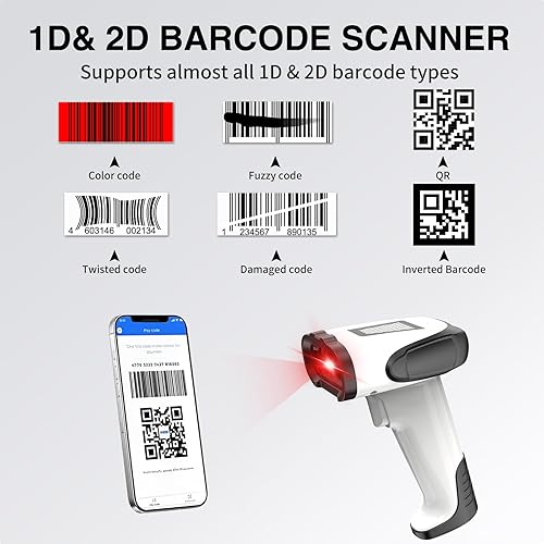 Miniatura 2 de Escáner de código de barras inalámbrico de mano 2D con soporte 3 en 1 escáneres de código de barras Bluetooth - Escáner de código de barras 1D y 2D