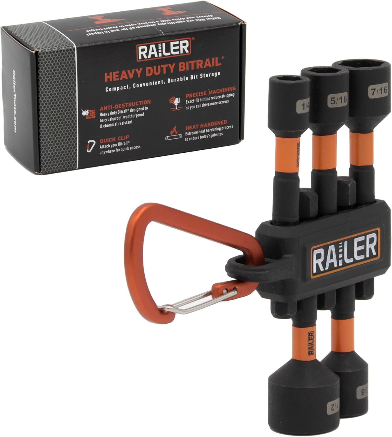 Railer Nut Driver Set - Premium 2-9/16 Inch 5-Piece Nutsetter Bit Set With A Storage Bit Holder & Carabiner