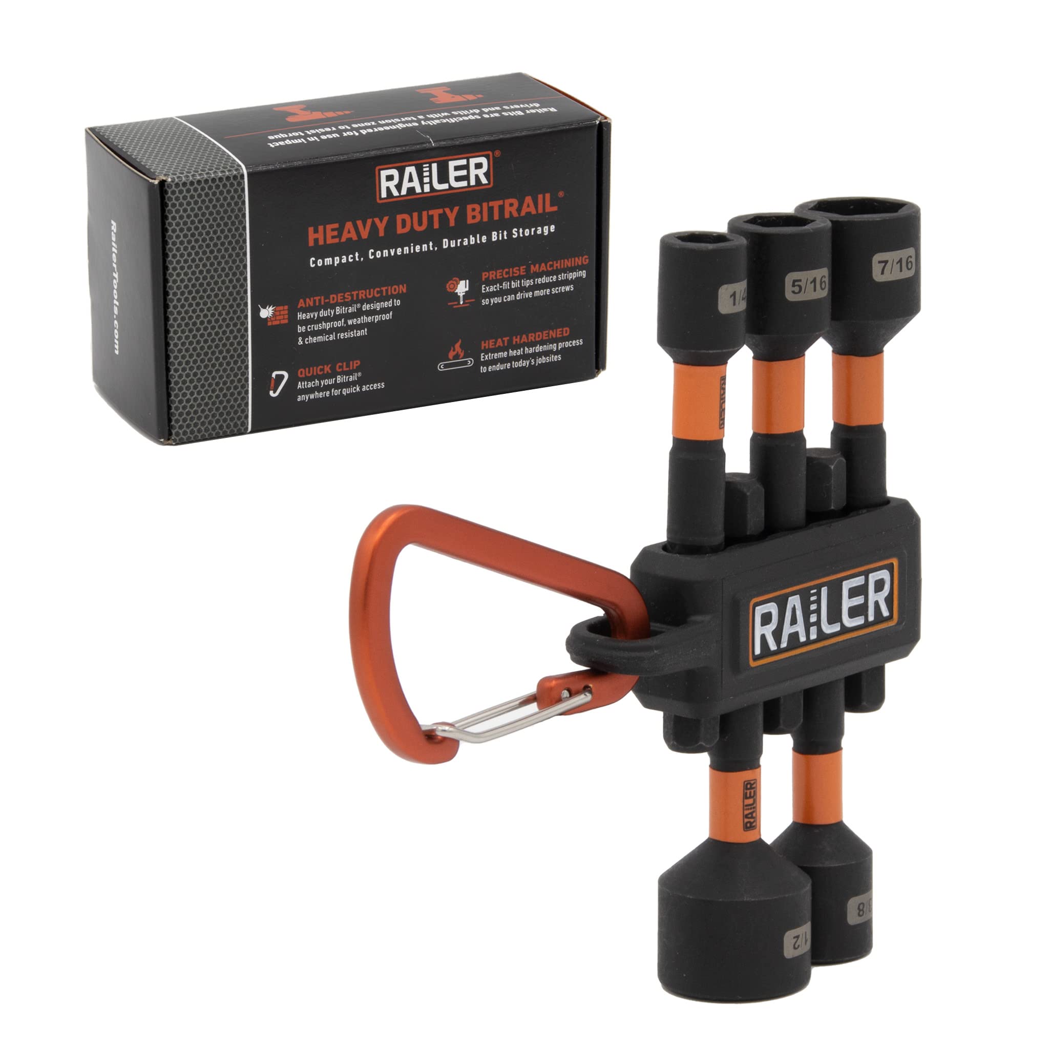 Railer Nut Driver Set - Premium 2-9/16 Inch 5-Piece Nutsetter Bit Set With A Storage Bit Holder & Carabiner