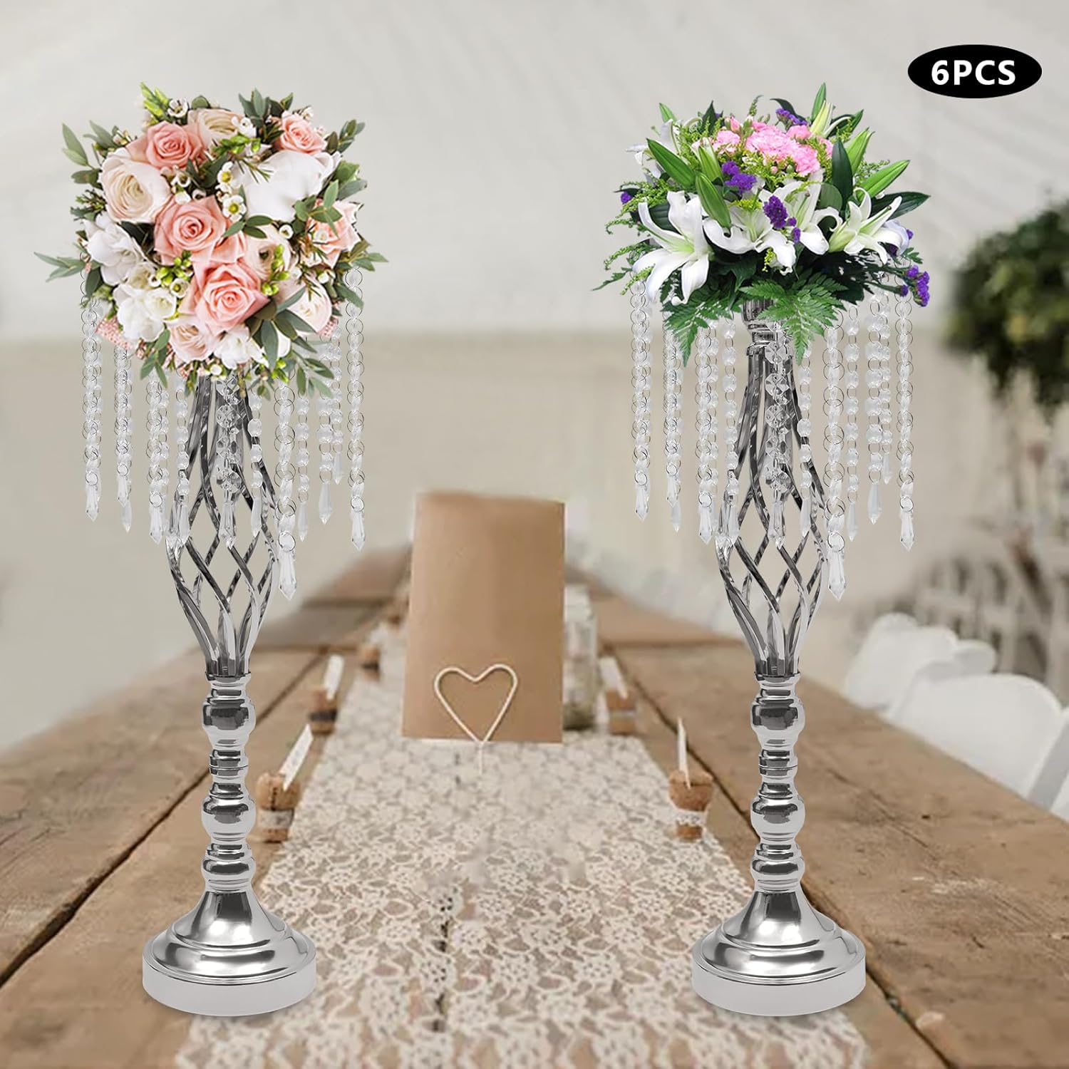 6 Pcs Crystal Flower Stand Wedding Centerpieces for Tables, 21.7in/55cm Height Flower Arrangement Holders Metal Flower Vase for Wedding Party Event Reception Dining Room Living Room Decor (Silver)