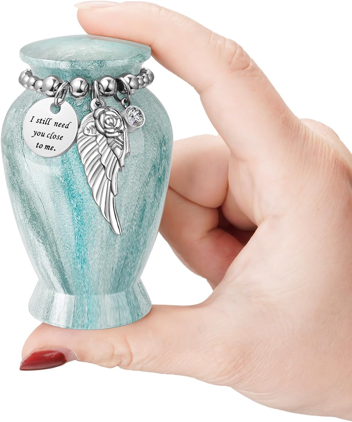 Memorials Small Urns for Human Ashes Keepsake Aluminum Mini Urns for Ashes with Angel Wing Charm Decorative Burial Urn Funeral Cremation Urns for Women and Men (Light Green)