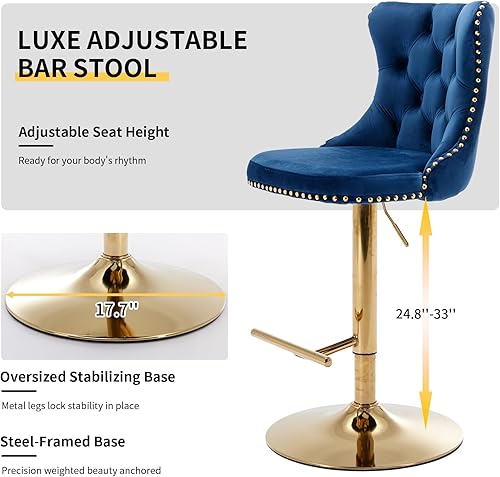 Miniatura 6 de Juego de 2 taburetes de bar modernos de terciopelo para mostrador, taburetes de bar giratorios ajustables con respaldo, sillas de isla de cocina