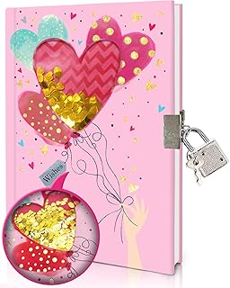 GINMLYDA Tagebuch Mädchen mit Schloss für Geschenke, Herz Notizbuch mit Schüttelbaren Pailletten 17.8x13cm 160 Liniertes Seiten Tagebuch zum Schreiben ab 6,7,8,9,10,11,12 Jahren Kinder Tagebuch