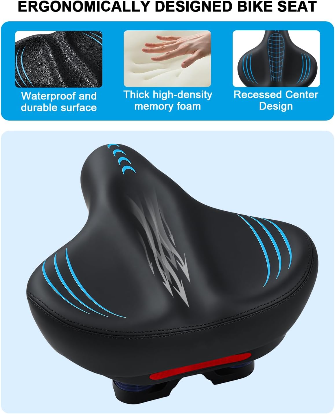 Oversized Bike Seat for Men & Women, Comfort Memory Foam Bicycle Saddle with Reflect, Waterproof Universal Cushioned Bicycle Seat for Peloton, Exercise, Spin, Mountain, Road, Cruiser Bikes
