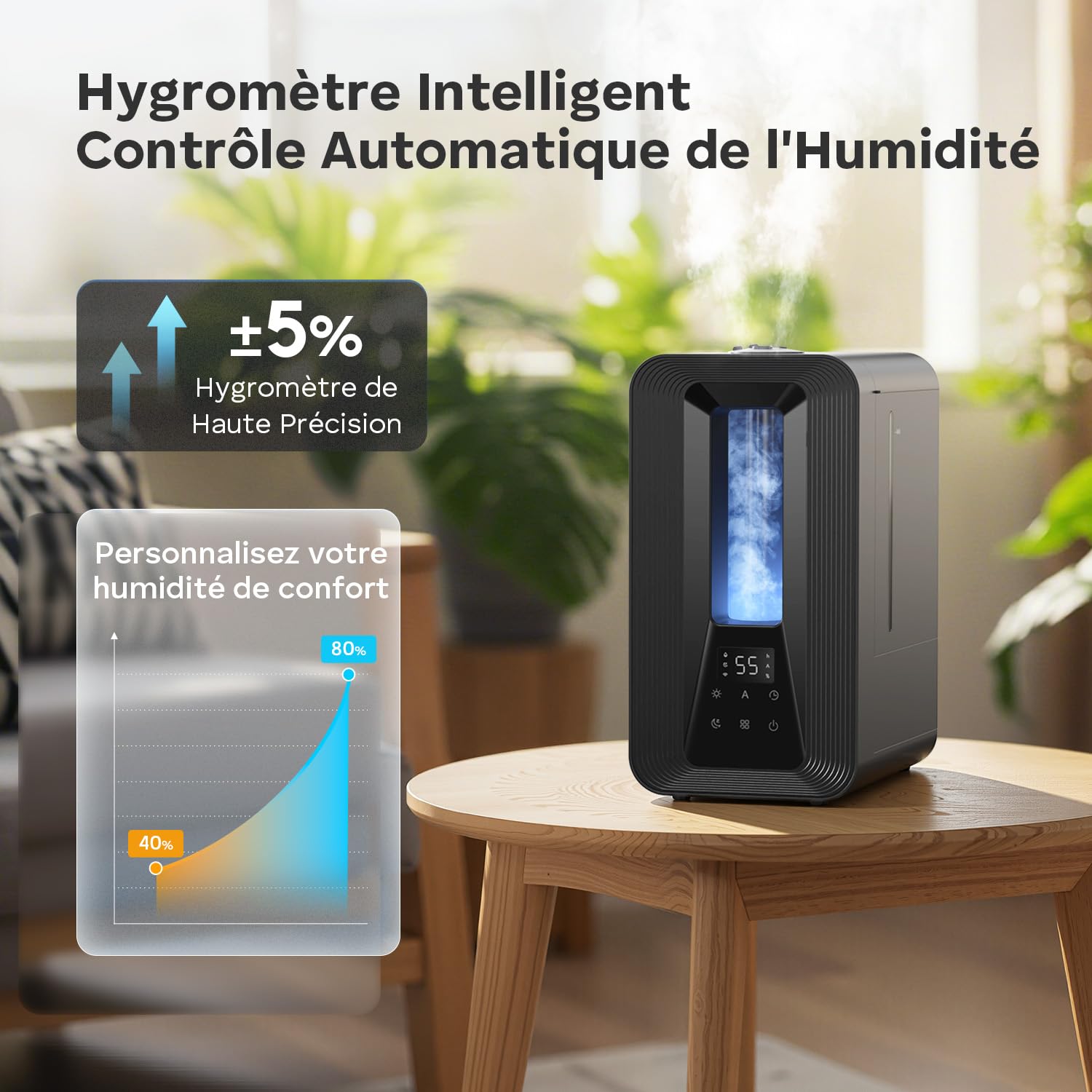 AROEVE Humidificateur d'Air Chambre Top-Fill, 5L Ultrasonique Brume Froide avec Diffuseur Aromes, Hygrostat Intelligent, Veilleuse, 50H/25dB Silencieux pour Bureau Bébé Plantes