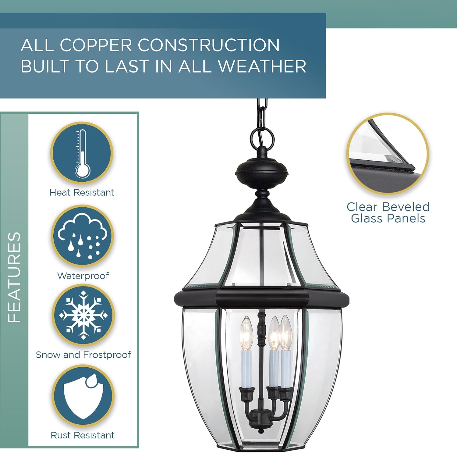 Quoizel Newbury Outdoor Hanging Lantern, 21 Inch 3-Light Mystic Black French Country Lamp-Style Fixture, Max Hanging Height 118", 60W, Pendant Light for Porch, Patio, Entryway, Poolside or Gazebo