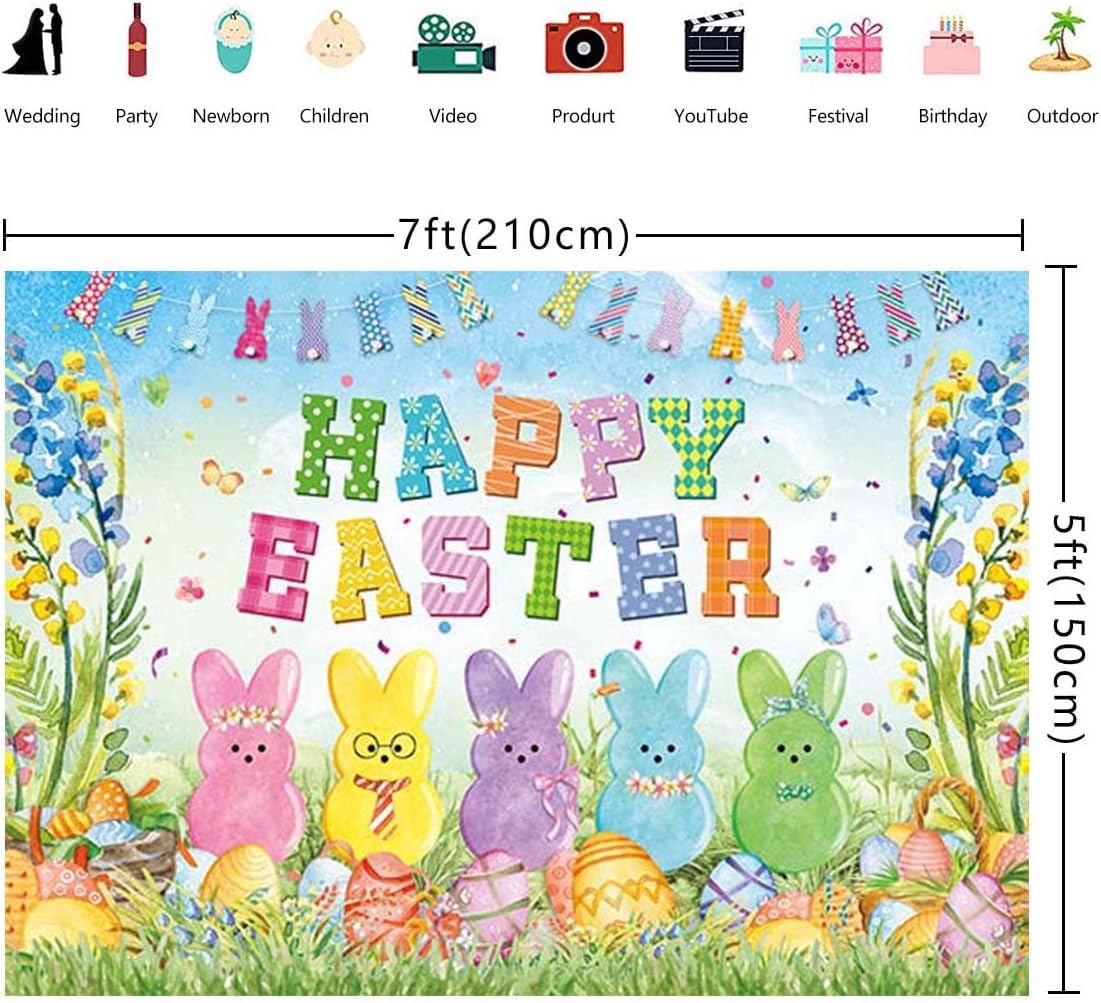 Happy Easter Banner Backdrop Colorful Bunny Egg Easter Photoshoot Background Spring Cute Rabbit Kids Party Decorations Banner Photo Props (7x5FT(82 x 59 inch))