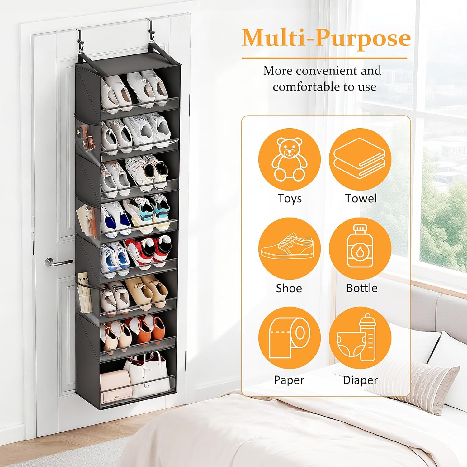 Ligereza Over the Door Shoe Organizer 8-Tier Hanging Shoe Rack with Sturdy Oxford Fabric，45°Tilt Heavy Duty Hanging Closet Organizer Fits 20-30 Pairs of Sneakers, Boots, Heels, Satchel (Black)