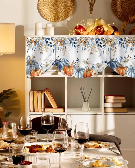 Fall Blue Pumpkins Tie Up Valance Curtains for Windows, Orange Grey Thanksgiving Kitchen Curtains Window Treatments, Maple Leaf Botanical Short Window Valances for Bedroom Bathroom 54x18