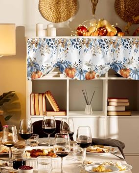 Fall Blue Pumpkins Tie Up Valance Curtains for Windows, Orange Grey Thanksgiving Kitchen Curtains Window Treatments, Maple Leaf Botanical Short Window Valances for Bedroom Bathroom 54x18
