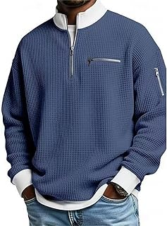 2026 Men's Casual Fashion up Collar Contrasting Zipper Sweatshirt, Men's Daily Loose and Simple Waffle Half-Zip