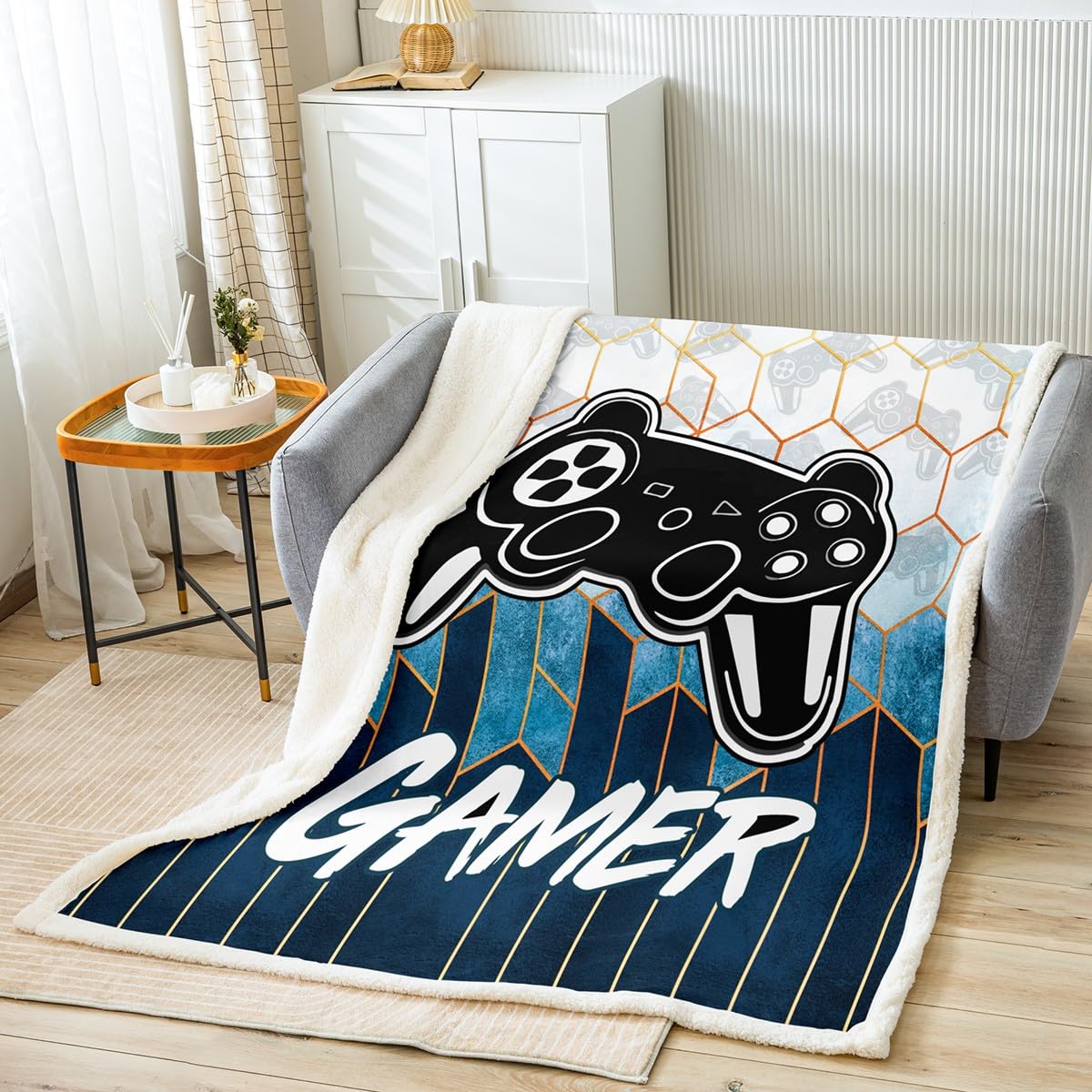 Gamer Fleece Throw Blanket Video Game Gamepad CCCCCs and Throws for Kids Boys Girls Geometric Sherpa Blanket Gaming for Bed Sofa King 87x94 Inch Teal — image 1