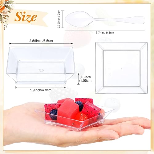Miniatura 10 de Gandeer 300 mini platos de postre con 300 cucharas de degustación, platos pequeños cuadrados de aperitivos desechables de plástico transparente para