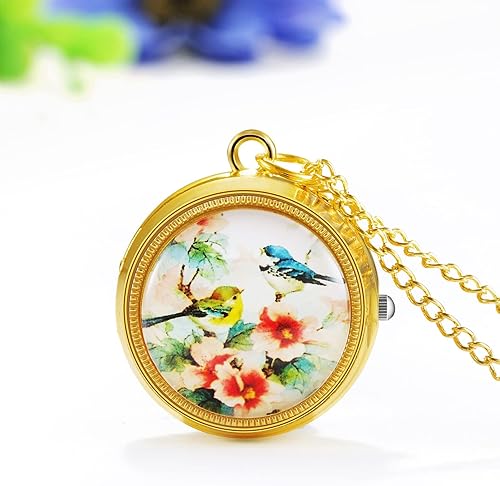 Miniatura 7 de JewelryWe Reloj de bolsillo vintage para mujer, clásico, chapado en oro, redondo, analógico, de cuarzo, collar con cadena, para Navidad