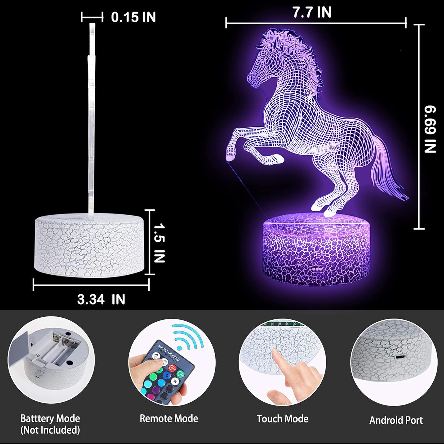 TriPro 3D Horse Night Light, 16 Color LED Illusion Lamp with Remote & Touch Control, Acrylic Wild Animal Table Lamp for Kids Bedroom Decor, Gift for Boys Girls Horse Lovers
