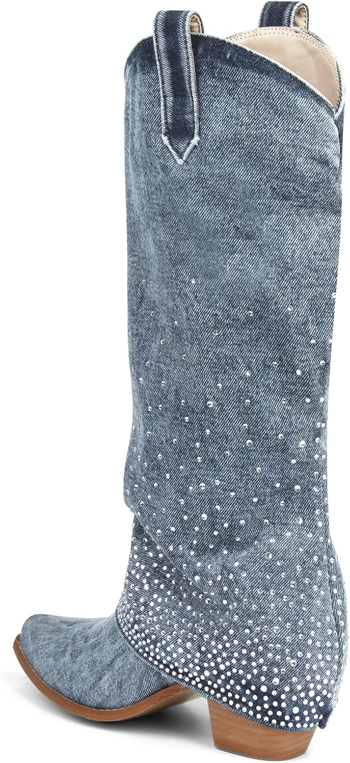 Seborluys Rhinestone Denim Fold Over Knee High Boots for Women Blue Chunky Heel Sparkly Cowgirl Jean Boots Slouchy Pointed Toe Pull On Fashion Western Boot