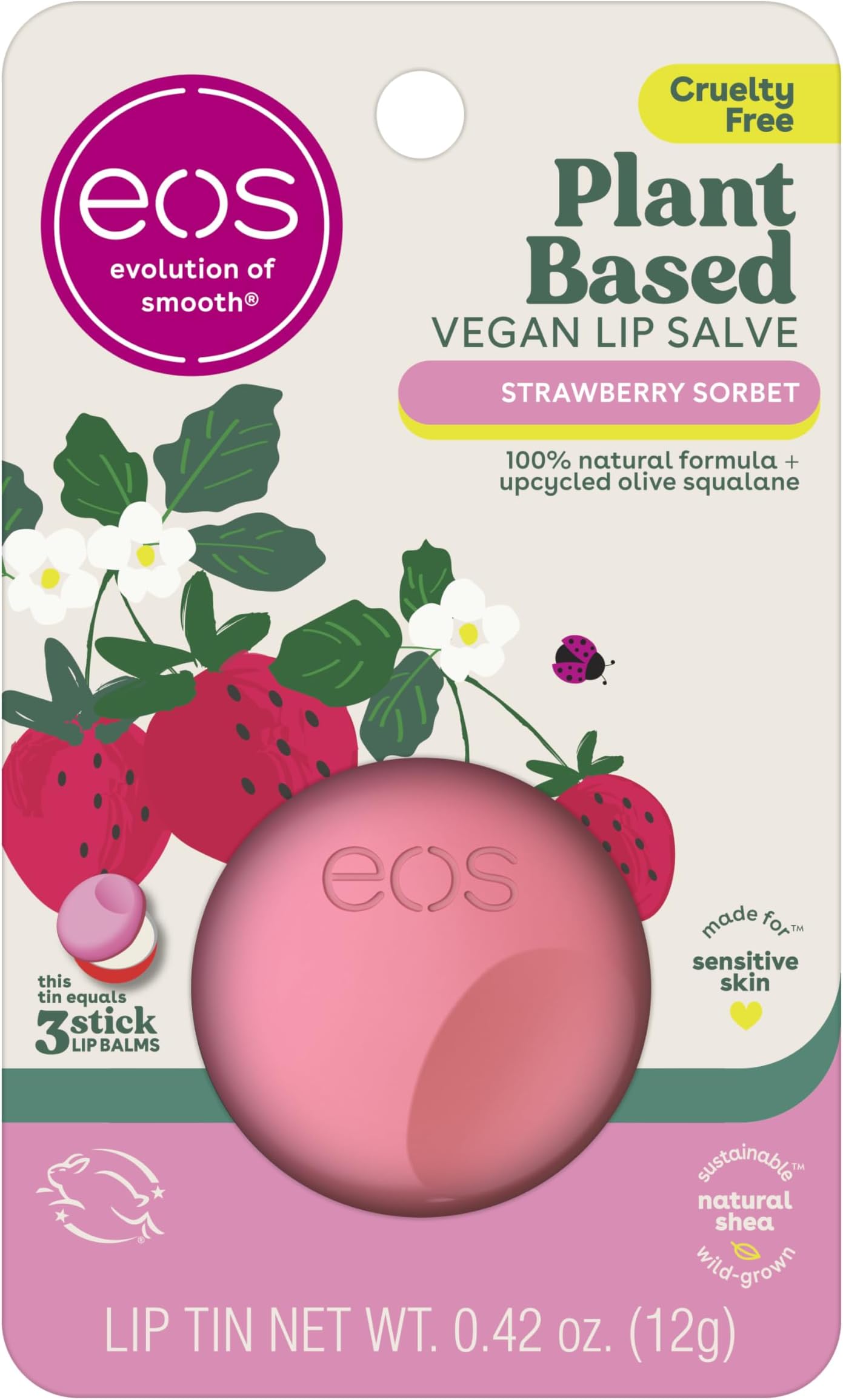 eos Plant-Based Vegan Lip Salve - Strawberry Sorbet, 100% Natural Formula, Made with Upcycled Olive Squalane, Cruelty-Free Lip Balm, 0.42 oz