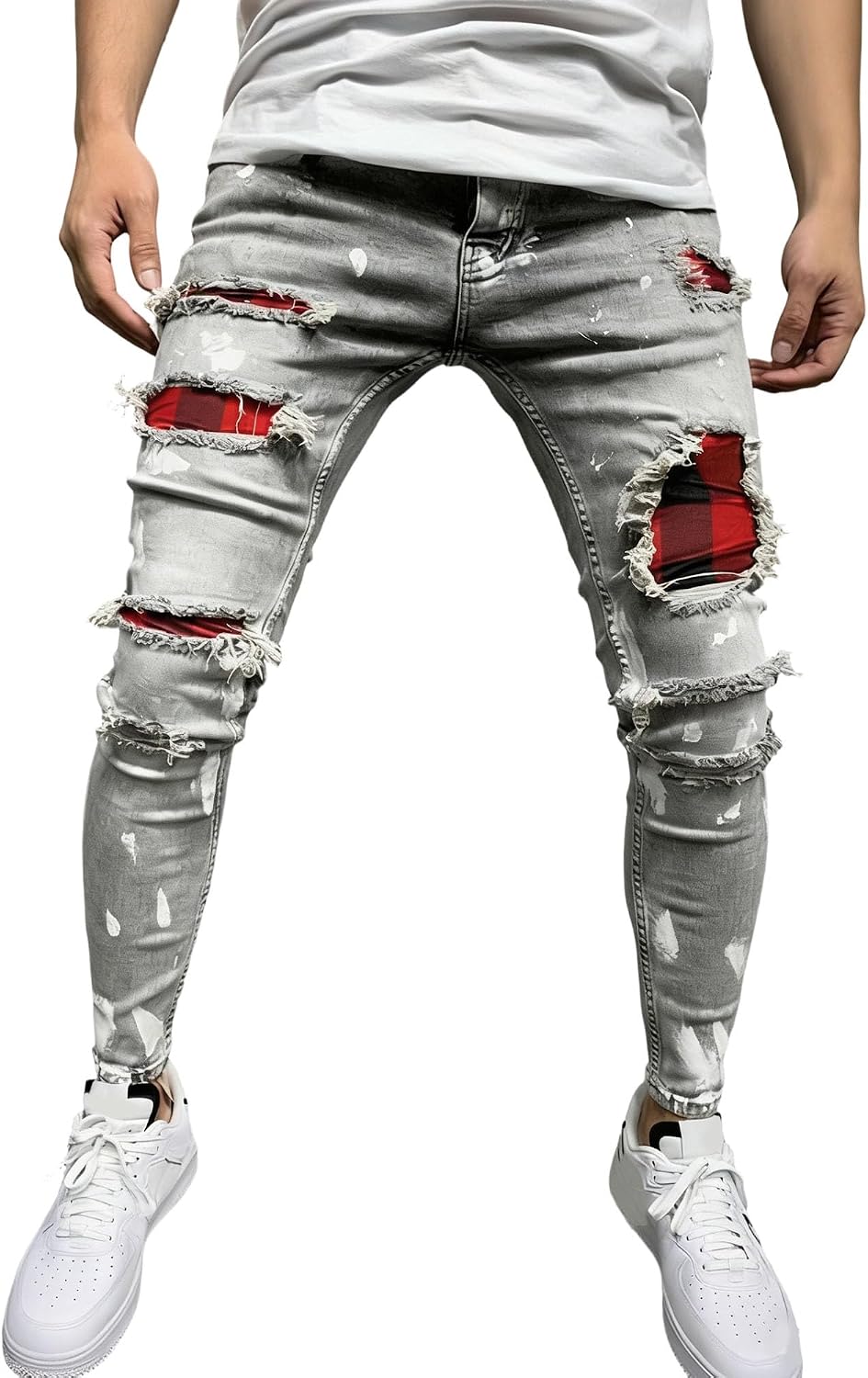 DGHM-JLMY Men's Paint Splatter Ripped Jeans Slim Fit Distressed Denim Pants Trendy Streetwear Trousers for Concert Skateboard