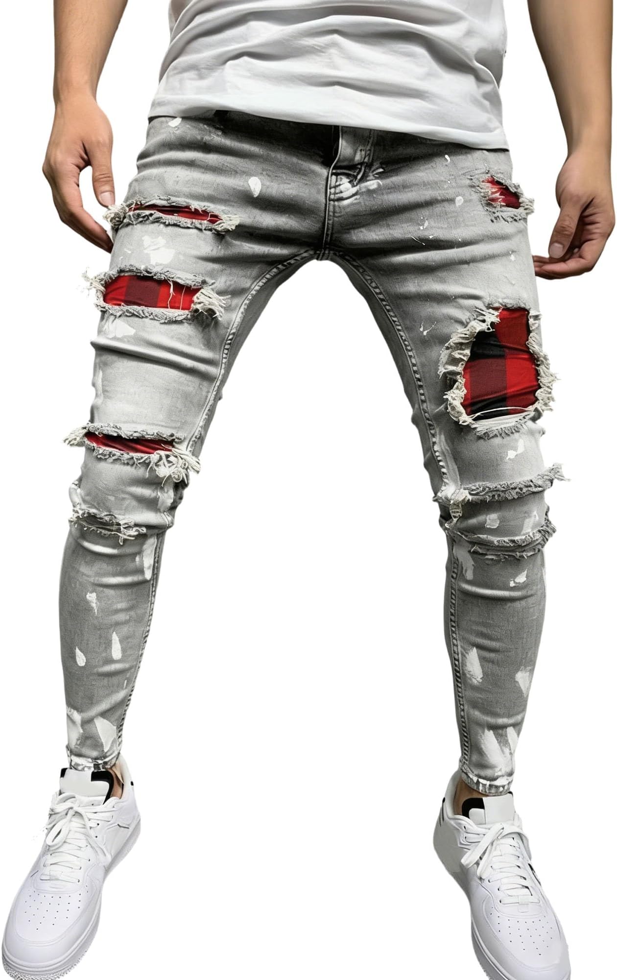 Men's Patch Ripped Stretch Regular Fit Jean Skinny Fit Ripped Destroyed Jeans