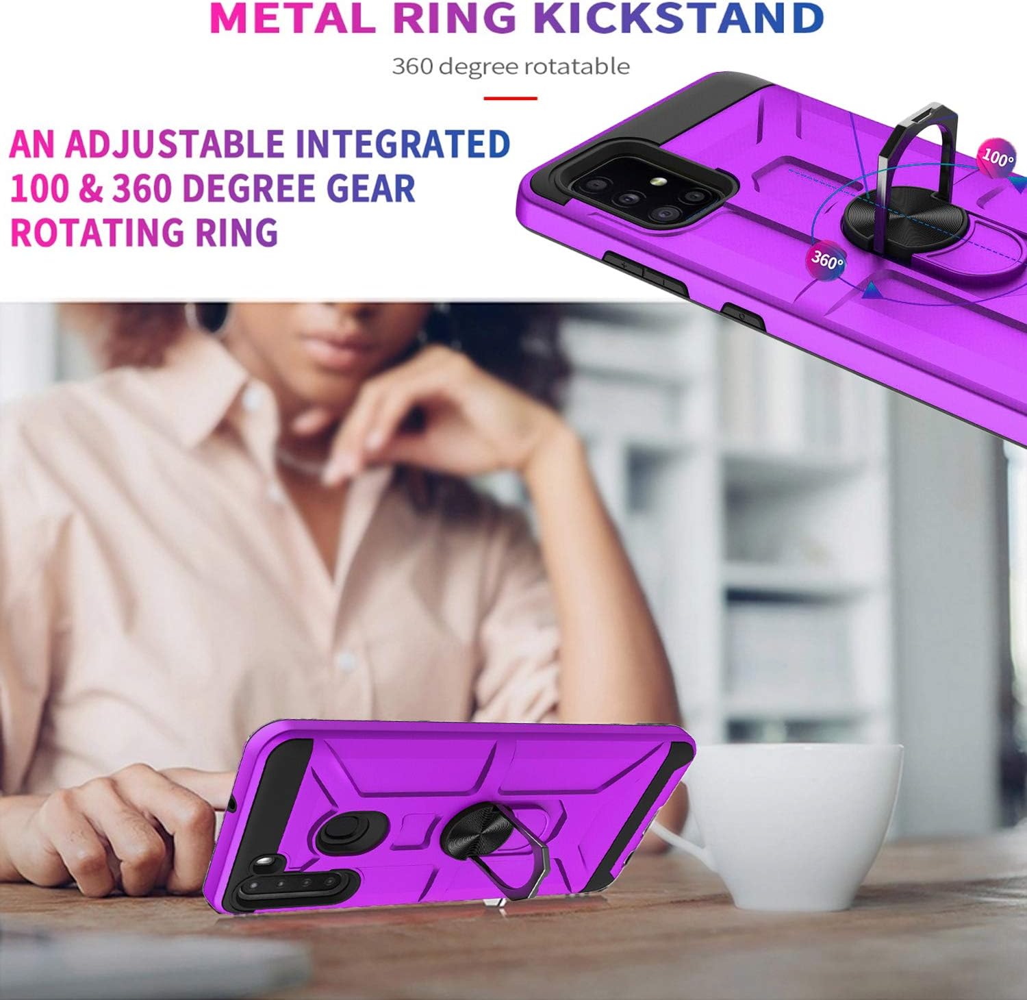 STARSHOP Compatible for T-Mobile Revvl 5G Phone Case, [Not Fit Revvl 4 Plus/Revvl 4] with [Tempered Glass Protector Included] Dual Layers Rotatable Ring Kickstand Shockproof Cover - Purple