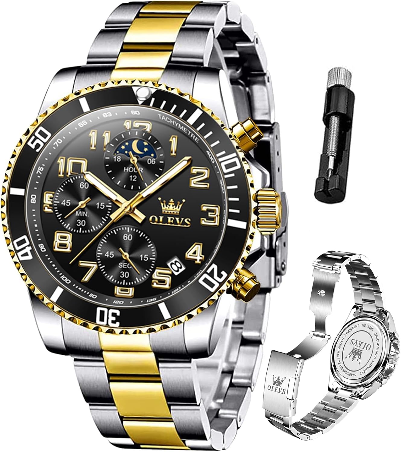 OLEVS Watch Men Silver and Gold Watches for Men Black Big Face Two Tone Stainless Steel Waterproof Men’s Wrist Watches Luxury Stylish Moon Phase Analog Chronograph Watch with Day Relojes para Hombres