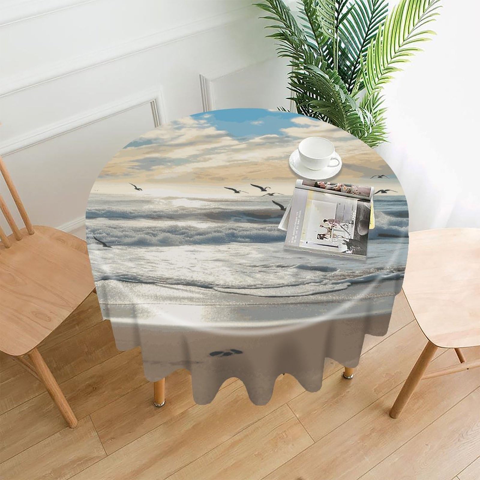 FekiLoot Waves on The Beach with Sea Birds Round Tablecloth Cover 60 Inch Wrinkle Free Washable Polyester Fabric Table Cover Decorative Round Table Cloth for Home Dining Kitchen Party Farmhouse