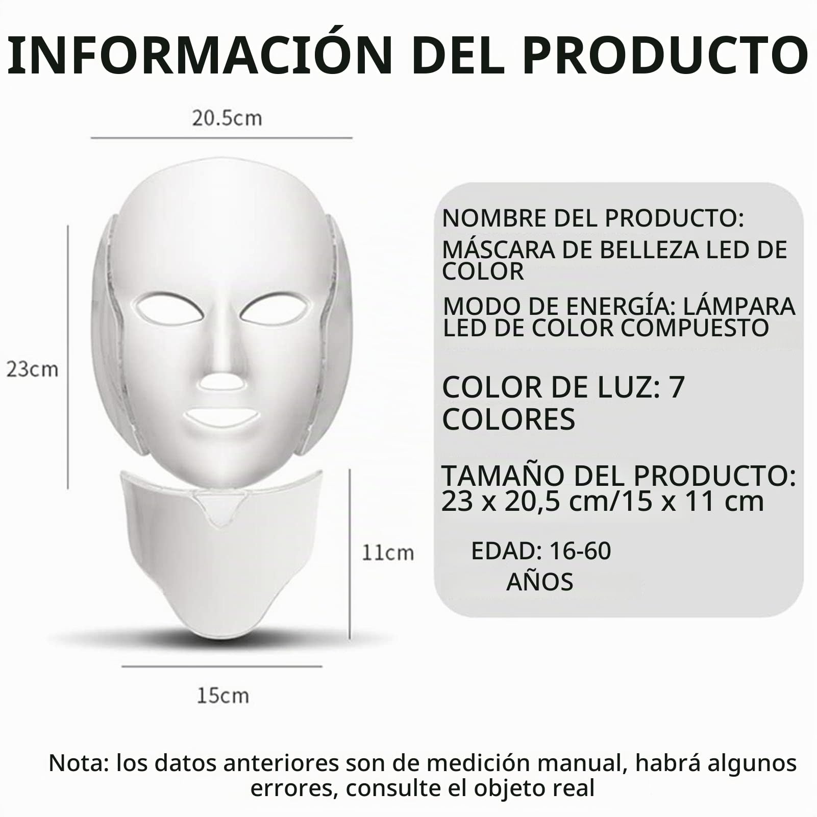 Máscara Led Facial 7 Colores, Mascara Facial Luz Led Facial Profesional, 7 Colores Terapia de luz Dispositivo de Belleza de fotones faciales, Máscara De Terapia De Luz