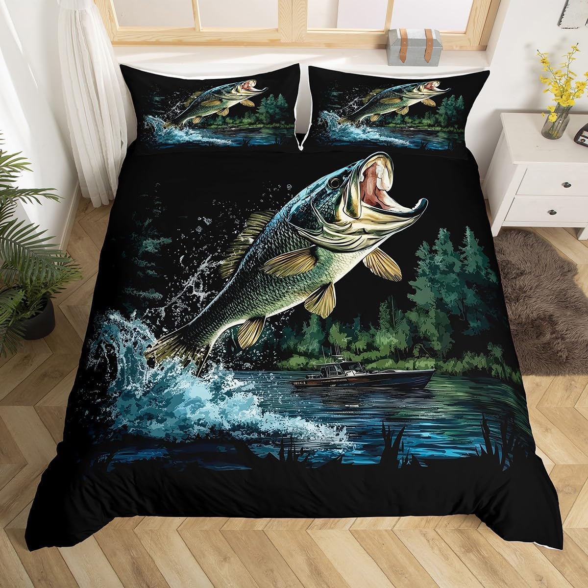 Feelyou Big Pike Fish Bedding Set Hunting and Fishing Duvet Cover Set for Kids Boys Girls Rustic Farmhouse Comforter Cover Wild Animal Quilt Cover with 1 Pillowcase 2Pcs Bedding Twin,No Comforter